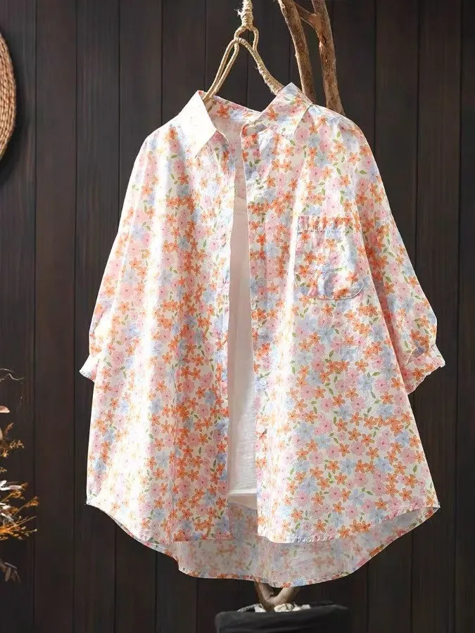 قميص نسائي صيفي 2025 من القطن الخالص بأكمام قصيرة وطبعة زهور، تصميم فضفاض وعصري، قميص تنحيف رقيق بياقة بولو أنيقة للارتداء ال...