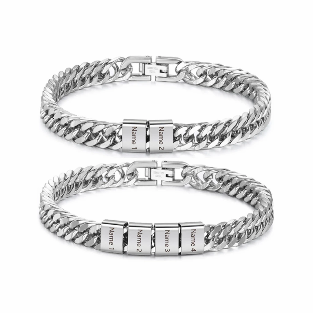 Personalized Family Name Masculine Cuban Chain Bracelet Custom Engraved Multiple Names Silver Plated Jewelry Gift For Father view 2