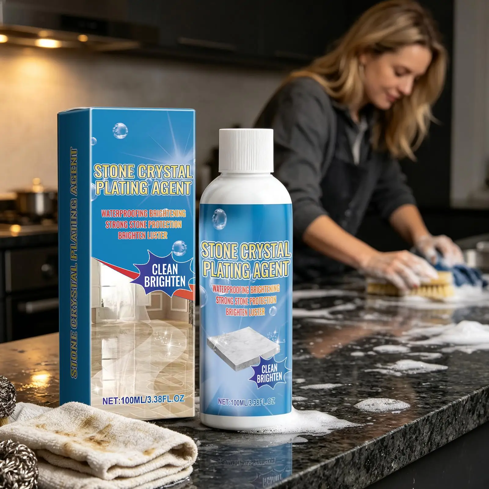 100ml Marble & Stone Cleaner Multi-Surface Polishing Stain Remover for Granite Quartz Tile, Non-Acidic Restorer for Countertops