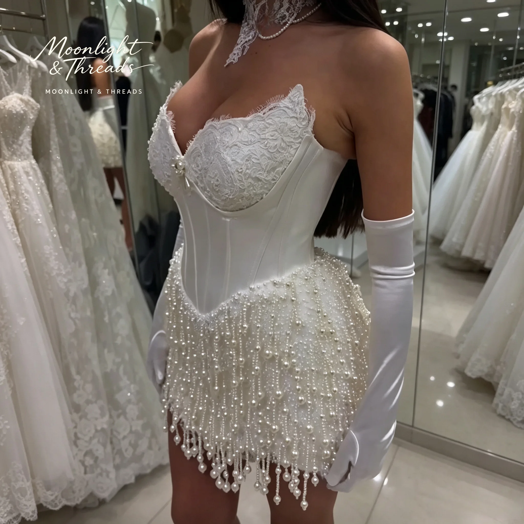 Customized White Strapless Neck Wedding Dress Sleeveless Beaded Sexy Mini vestidos de noche Mermaid robe de mariée
