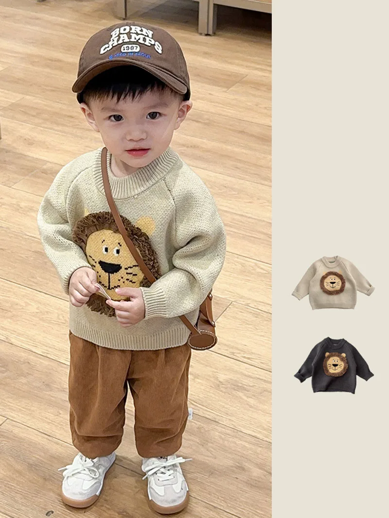 MILANCEL New Winter Baby Sweater Toddler Cartoon Lion Knit Sweater Infant Girls Loose Pullover