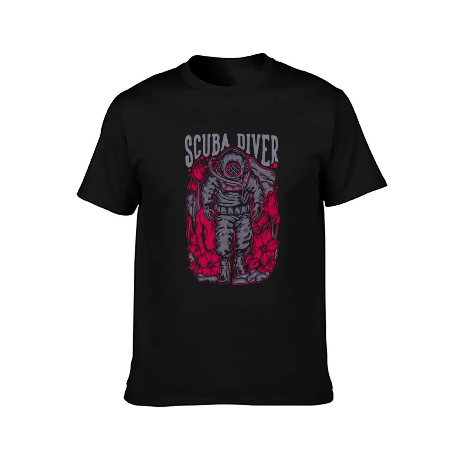Scuba Diver T-Shirt, Summer Casual Cotton Tee, Oversized Streetwear Tops, Vintage Graphic Print, Loose Fit Short Sleeve