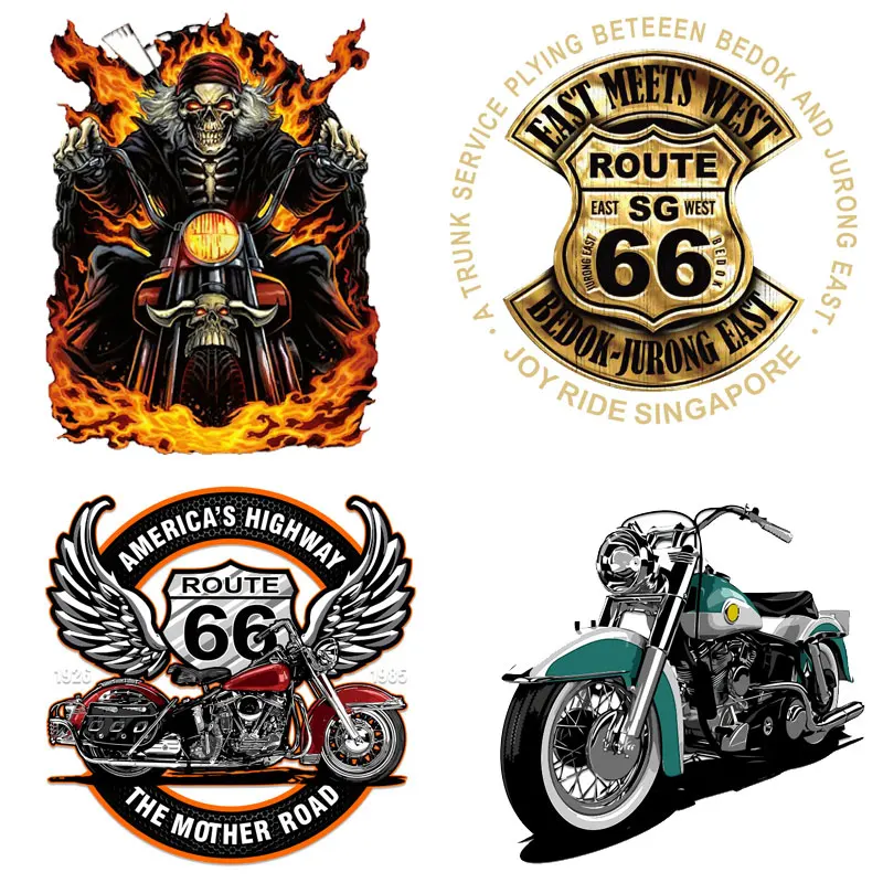 

Punk Motorcycle Route 66 Biker Patches Iron on Transfers for Clothing Thermoadhesive Patch Stickers on Men's Clothes Jackets