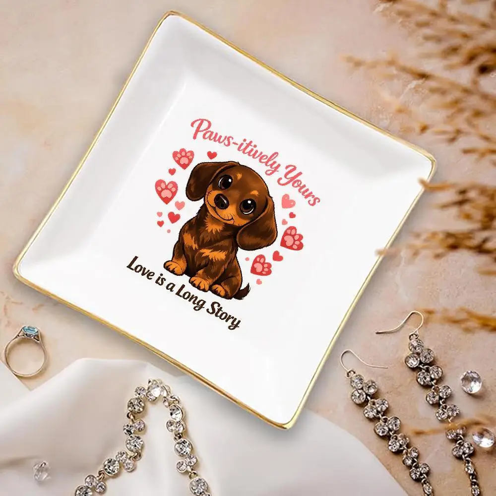 Cute Dachshund Ceramic Tray with Golden-Rimmed Square Dish & Heart Paw Prints - Kawaii Jewelry Holder, Ring Dish Suitable for Va