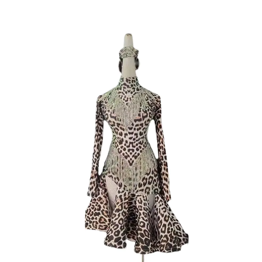 فستان احترافي للرقص اللاتيني عالي الجودة مخصص برقبة عالية وطباعة الفهد بدون ظهر تانجو للسيدات البالغات والأطفال زي المسرح