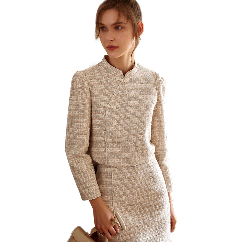 OLrain 2026 Autumn Women Chinese Style Tweed Short Jacket Long Sleeve Elegant Luxury Fashion Daily Outer Coat O21QW53182 view 6