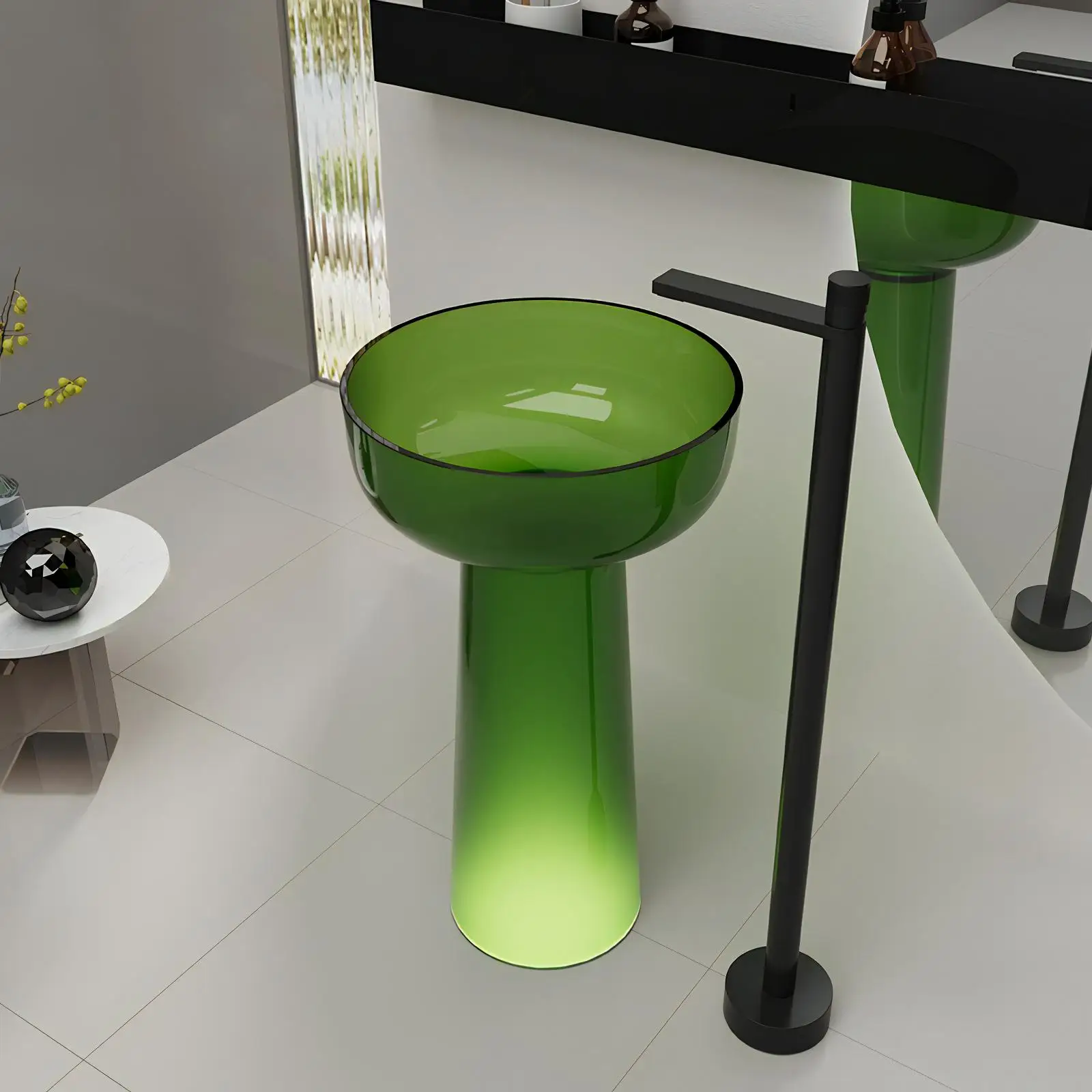 %& Modern Clear Transparent Resin Eco-Friendly Bathroom Sink With Pedestal Floor Stand And Drainer 12L Capacity 5-Year Warranty