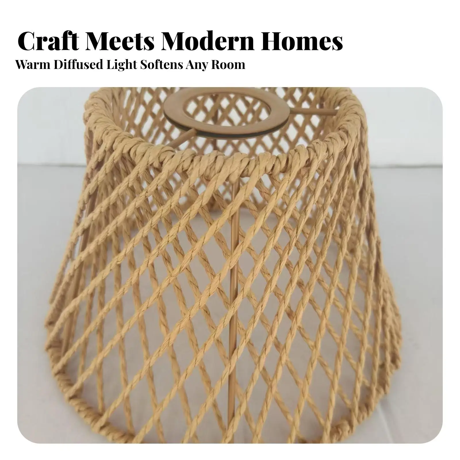 Woven Paper Rope Pendant Lampshade for E27 Table Lamp Natural Textured Ceiling Light Cover for Reading Corner