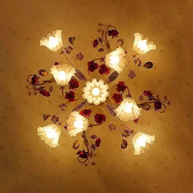 Lampadario a soffitto con fiori romantici Plafoniere a LED retrò pastorali americane Soggiorno Camera da letto Plafoniere nordiche