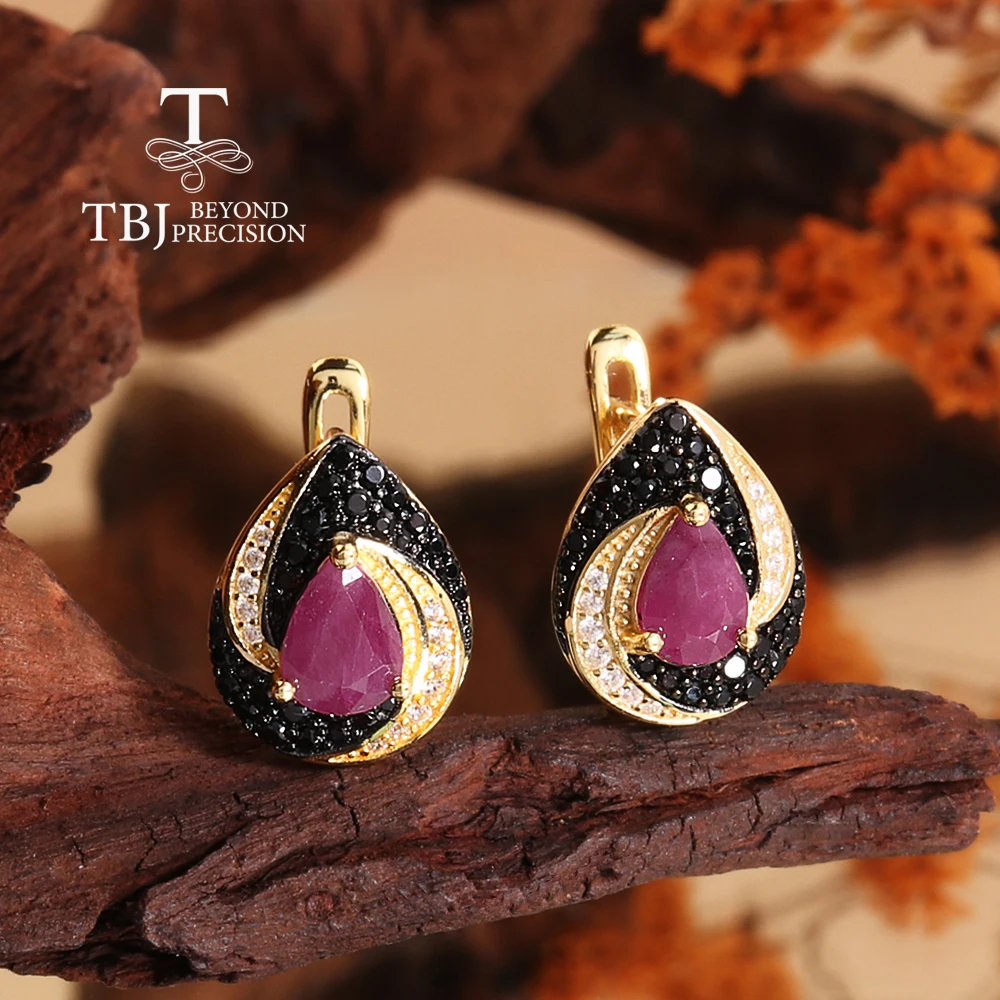 925 فضة المرأة أقراط مشبك الكمثرى الطبيعية 5*7 مللي متر روبي الأحجار الكريمة الحقيقية خمر تصميم غرامة مجوهرات لهدايا عيد الميلاد