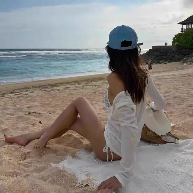 Korean Girl Bikini Four Piece Long Sleeved Top Ins Pure Desire Vacation Hot Spring Swimsuit Women's Small Chest Slimming view 6