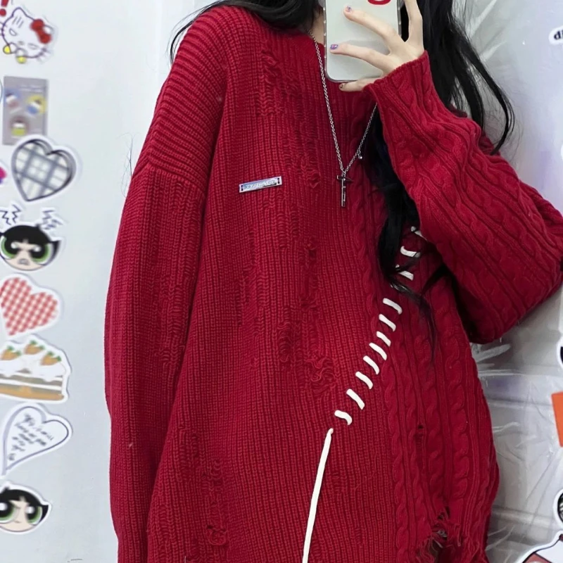 Y2k Sweater Pullovers Women Ripped Tassel Teens Hotsweet Cool Designer Streetwear American Retro Fashion Knitwear Pull Femme Top