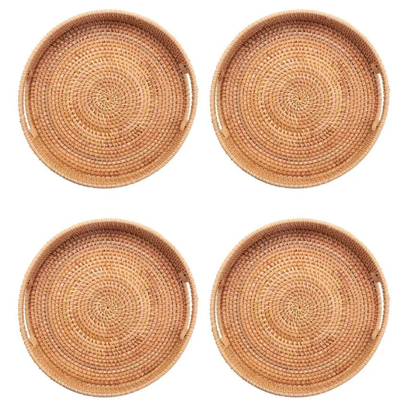 

4X Round Rattan Woven Serving Tray With Handles Ottoman Tray For Breakfast, Drinks, Snack For Coffee Table