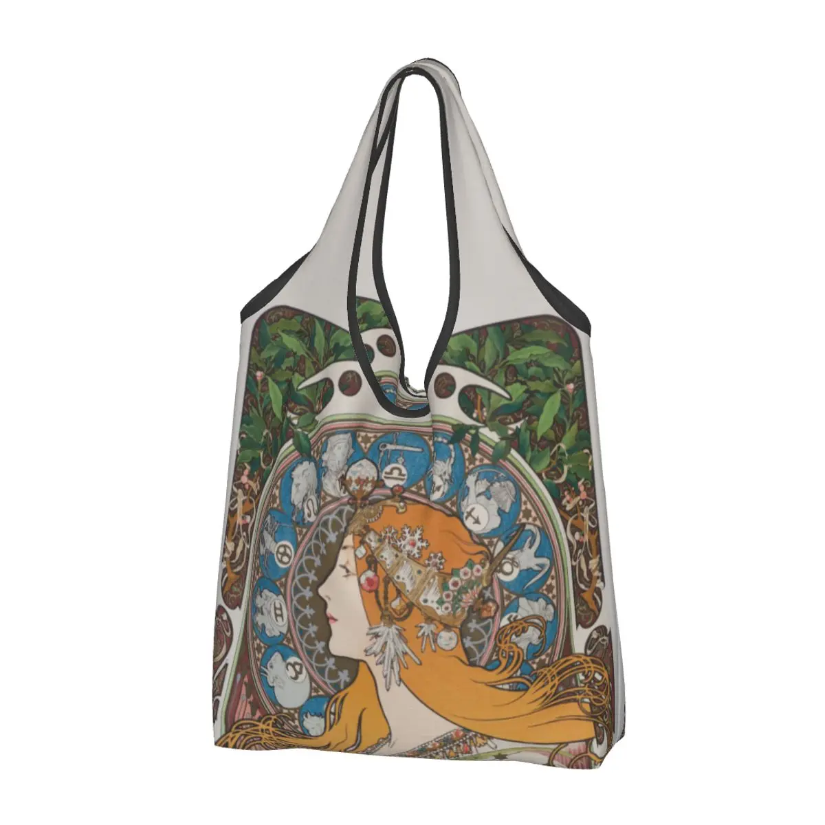 Alphonse Mucha Grocery Bag Durable Large Reusable Recycle Foldable Heavy Duty Ablum Diary Shopping Tote Bag Washable With Pouch