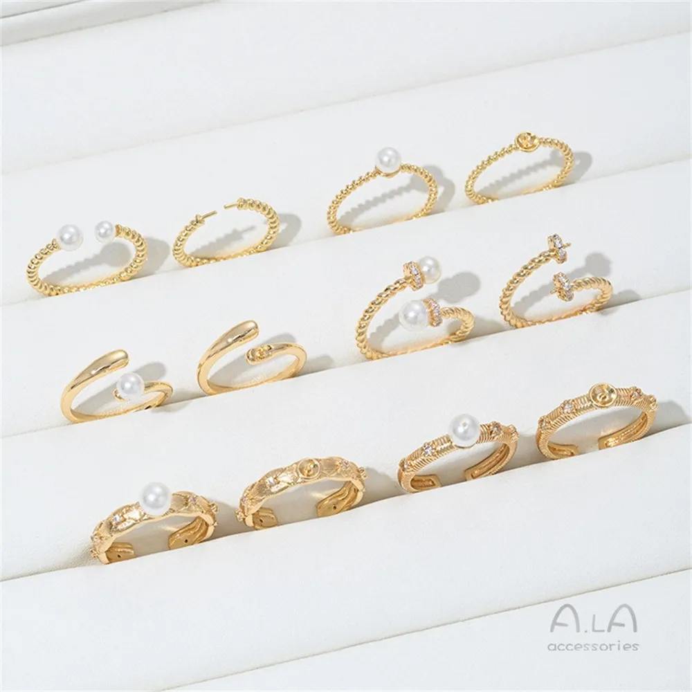 14K Gold-plated Zirconium-encrusted Semi-hole Bead Set Ring, Open Ring Ring, Diy Hand-adhered Pearl Handcrafted Ring Accessory