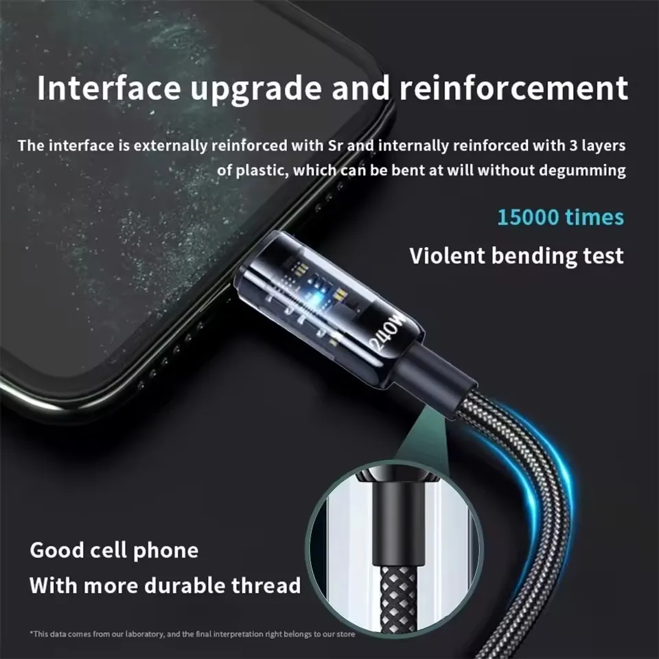 240W 나일론 USB 타입 C 초고속 충전 케이블 삼성 샤오미 화웨이 아너 LED 디지털 디스플레이 USB C 충전기 데이터 케이블 전면 이미지