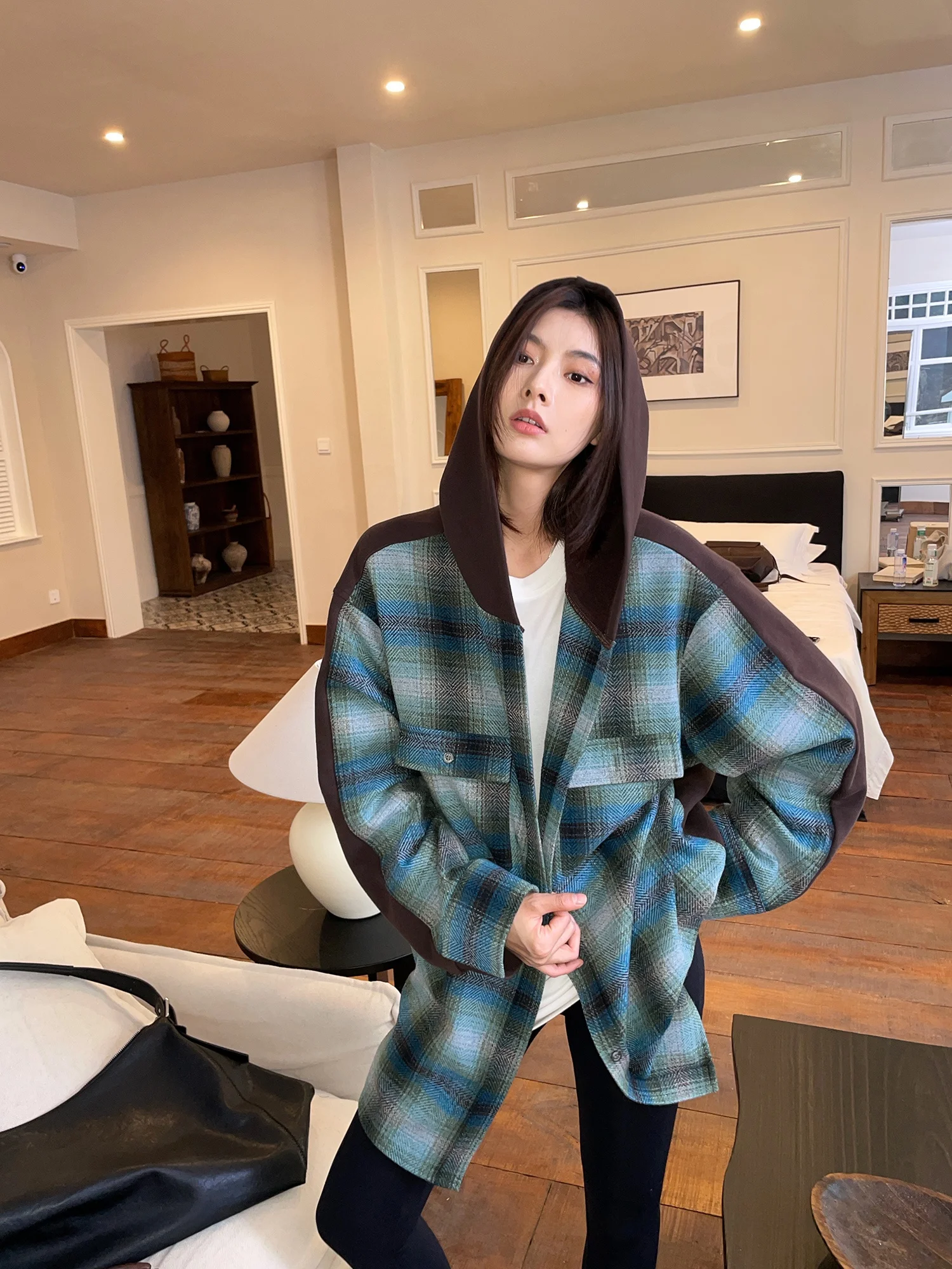 

JCCC Shadow Twin Page Blue Green Grid Wool Blend Long Sleeve Hooded Shirt Slim Fit Patchwork Contrast Color Block Design Wome...