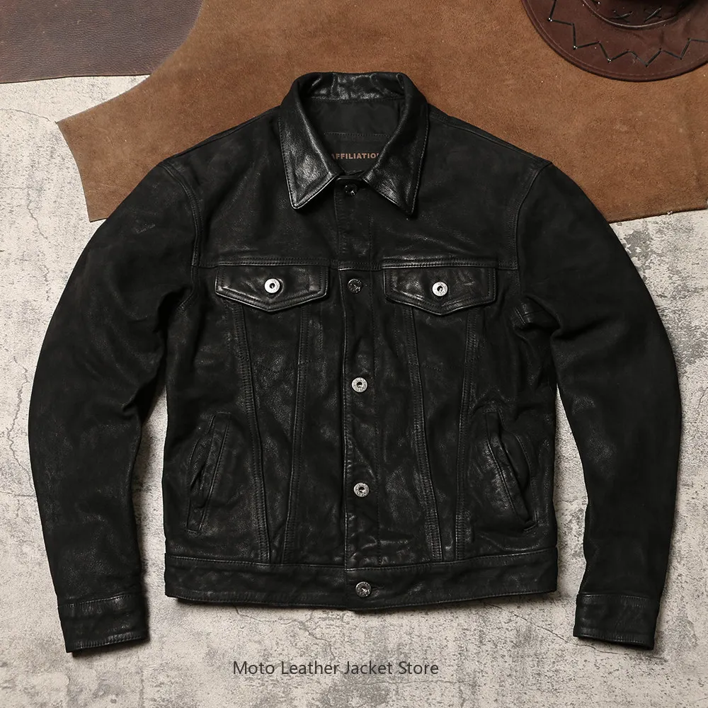 

Retro High Waist Denim Workwear Genuine Leather Jacket, Unisex 507 Oiled Goatskin Soft Casual Wide Vintage Coat