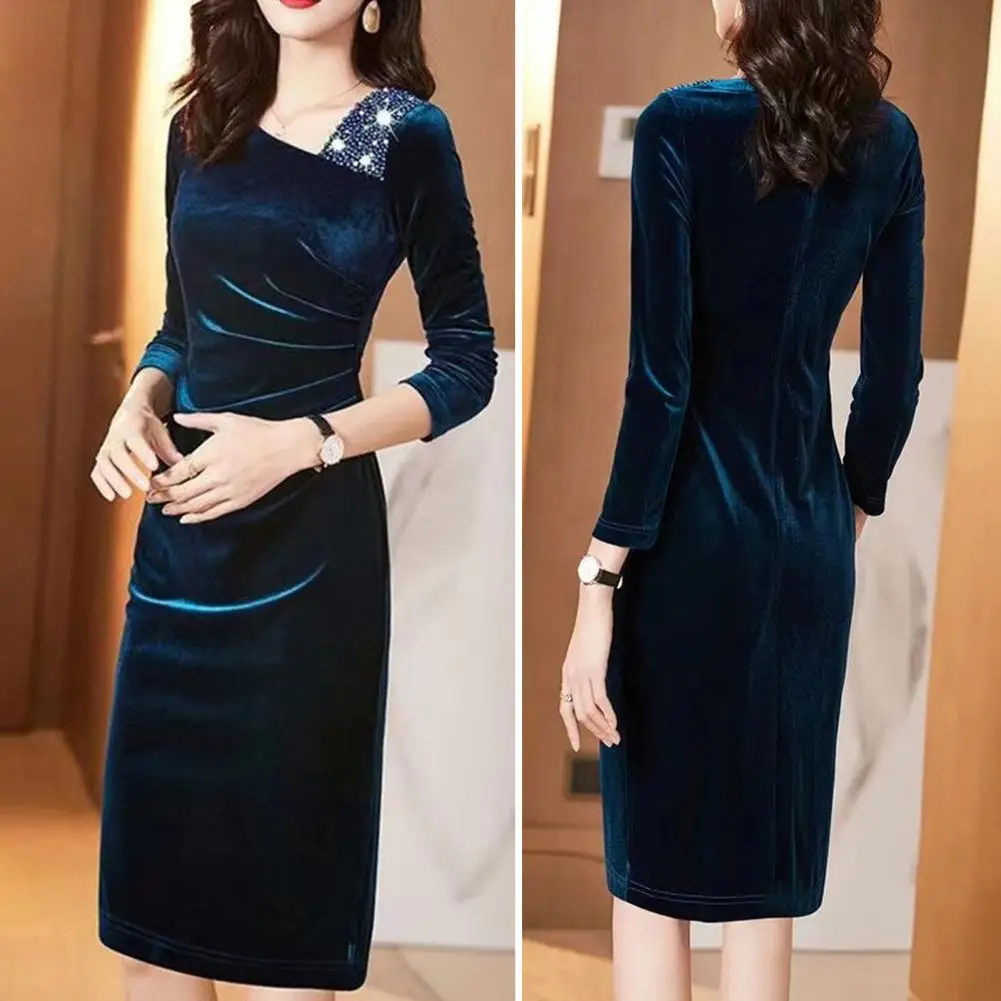 

Women Prom Dress Shimmering Rhinestone Sheath Dress Elegant Fall-winter Midi with Long Sleeves Flattering Slim Fit Knee-length