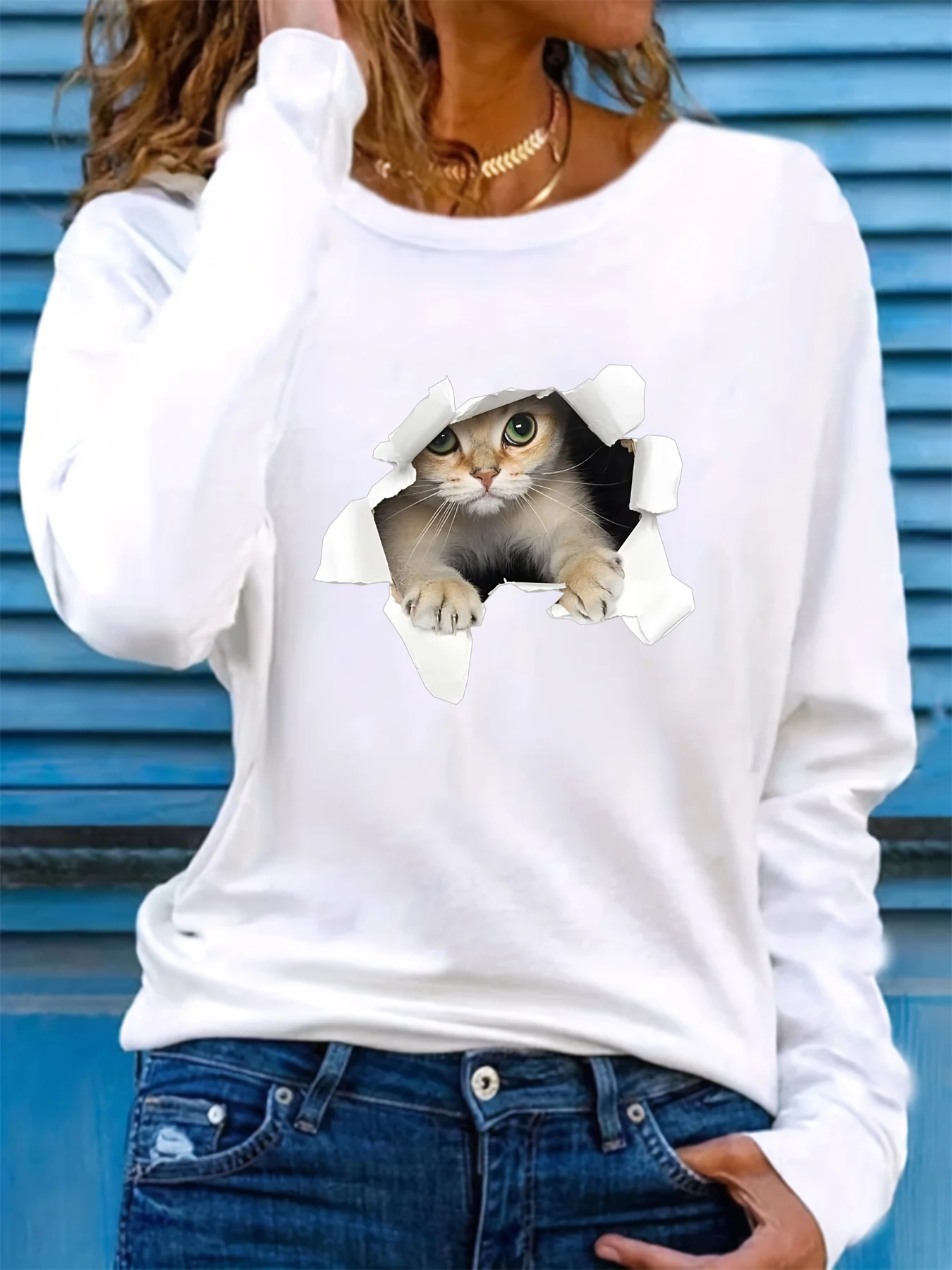 100% 순수 코튼 여성 봄, 가을 편안한 캐주얼 패션 긴팔 3D 고양이 그래픽 프린트 라운드 넥 티셔츠