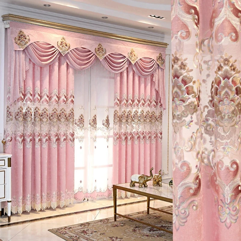 European Pink Embroidered Chenille Curtains for Living Dining room Bedroom Simple Luxury Blackout Window Screen Valance Custom