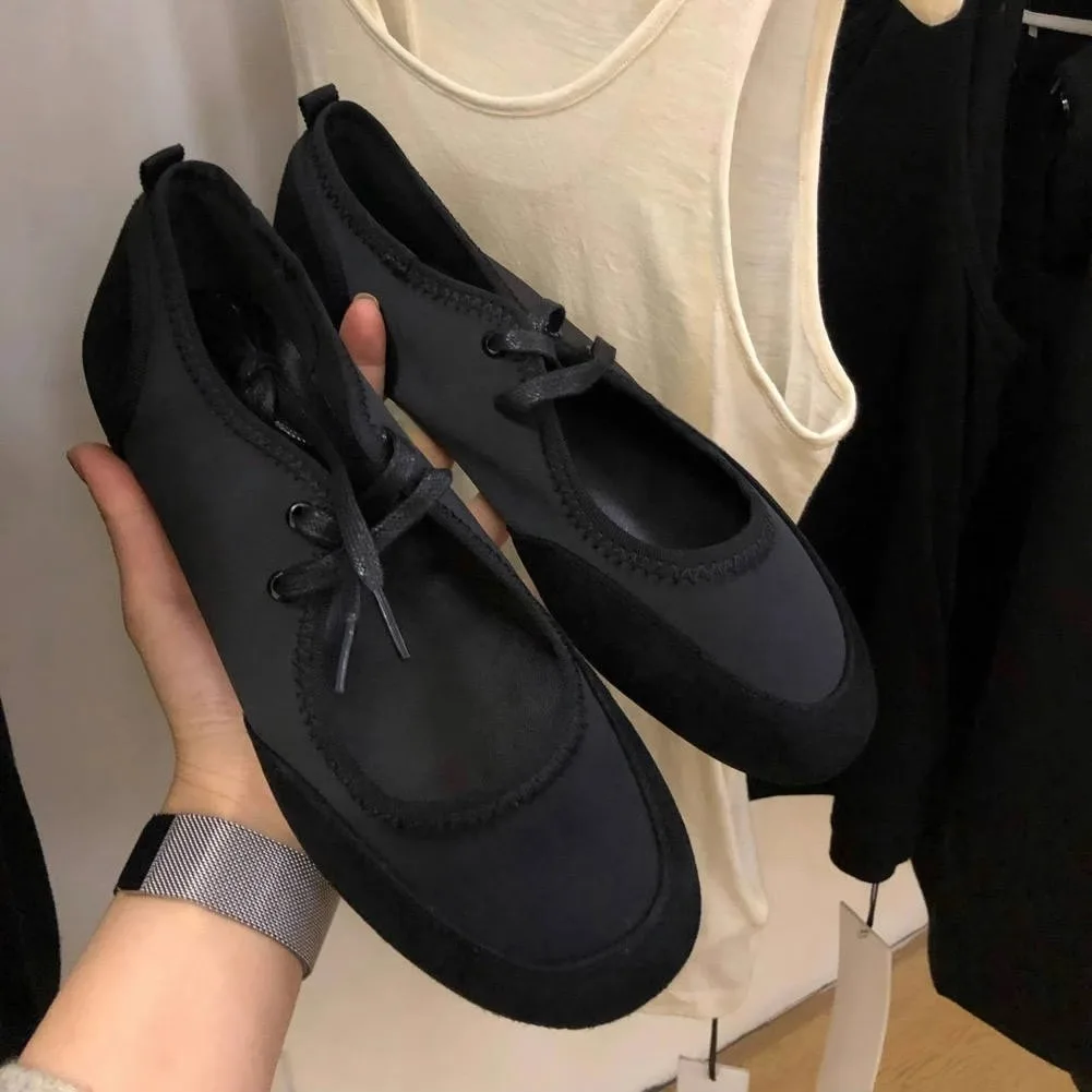 

Черные неглубокие туфли-лодочки с круглым носком, модные балетки на шнуровке, повседневная удобная дышащая универсальная обувь Chaussure Femme