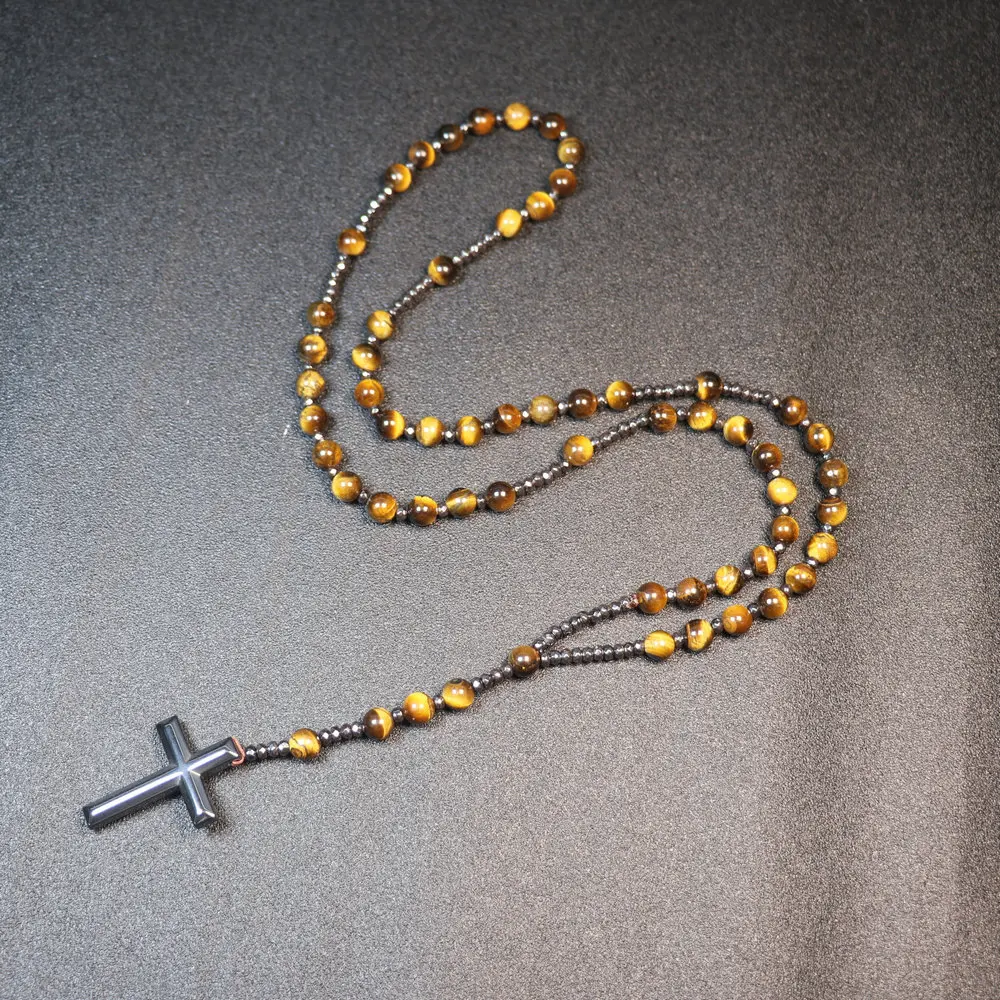 1PC Tiger Eye Stone Natural Stone Cross Beads Necklace Iron Gallstone Beads Handmade Beads 8mm Men\'s Ethnic Style Necklace