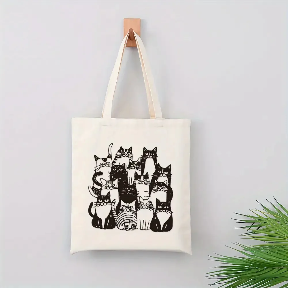 Niedliche Einkaufstaschen aus Canvas mit Katzenmotiv im japanischen Stil für Frauen, umweltfreundliche, wiederverwendbare Schultertaschen, Handtaschen als Geschenk. – Detail 5