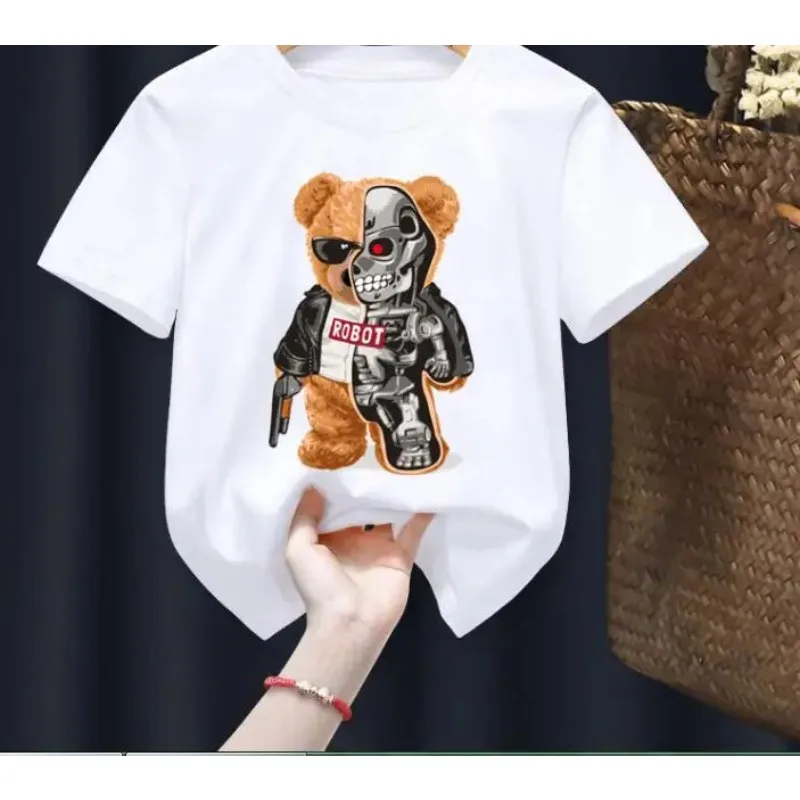 

Skateboard Bear Print Hot Sale Boys/Girls White T-shirt Kid Summer Harajuku Kawaii Funny Clothes Little Baby Clothes,