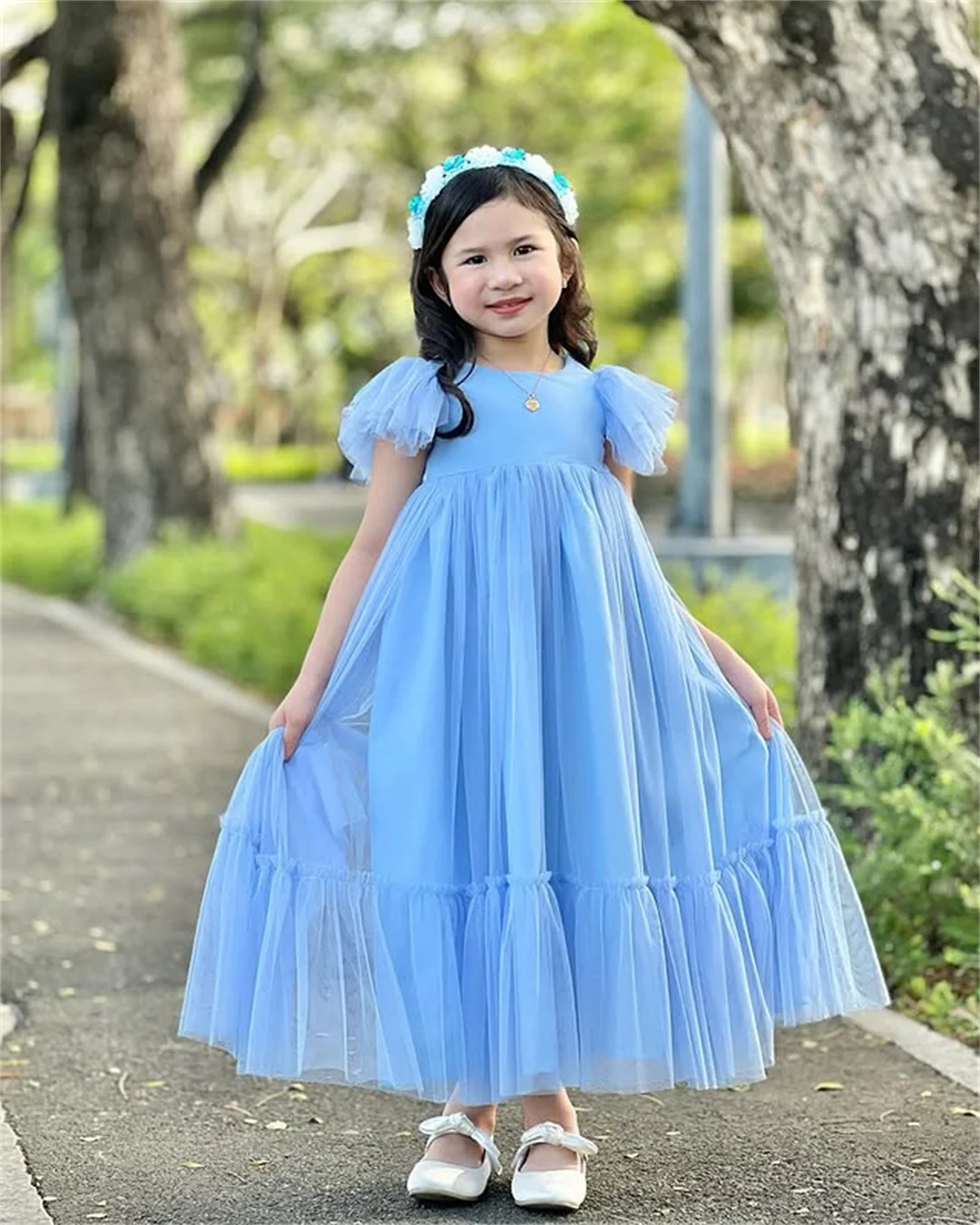 

Kids Wedding Party Flower Girl Dresses Tulle Simple Tiered Bell Sleeves A-line Long Dress Birthday Family Gathering Evening Gown