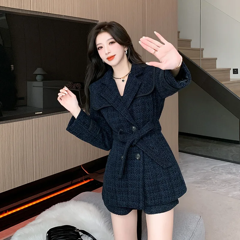 Tweed Navy Blue Women Suits 2 Piece Blazer+Short Pants Formal Office Lady Jacket Belt Business Work Wear Girl Coat Fall Outfit