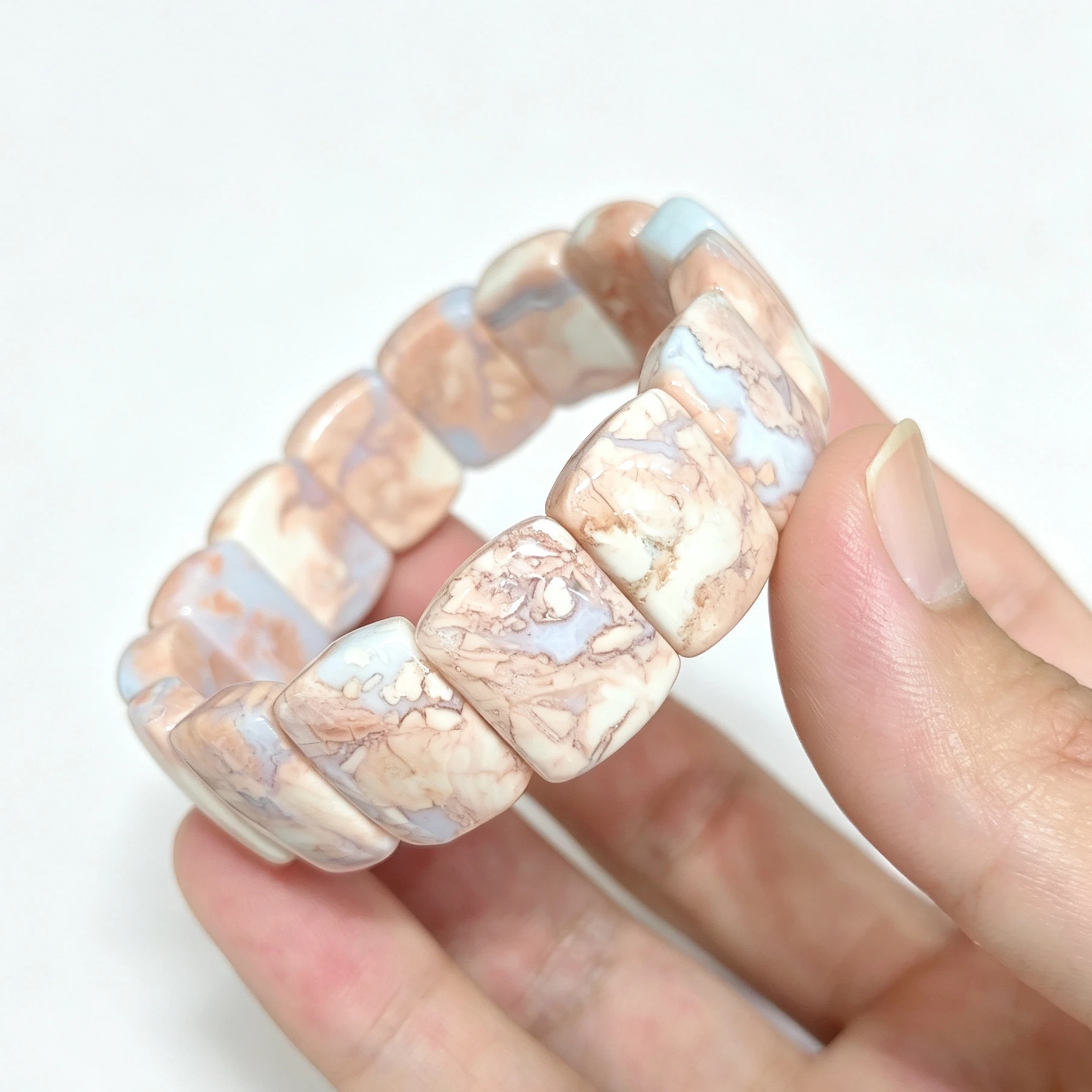 Natural Pink Agate Gemstone Plate Bracelet Smooth Pink Cream Lace Swirl Slab Cuff Wrist Jewelry Gift Present Random Dispatch