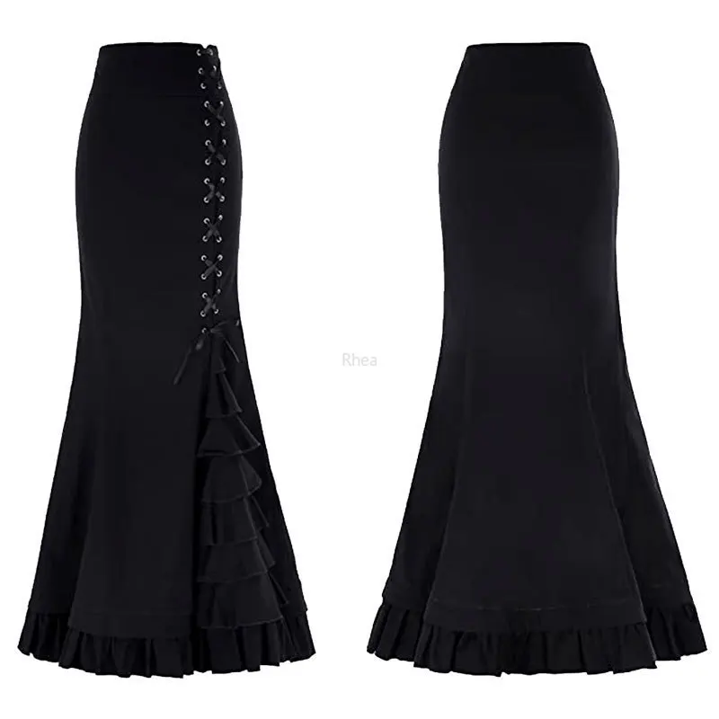 Women's Skirt Gothic Vintage Victorian Steampunk Lace-Up Tiered Ruffled Fishtail Skirt Mermaid Long Dresses Medieval Costumes