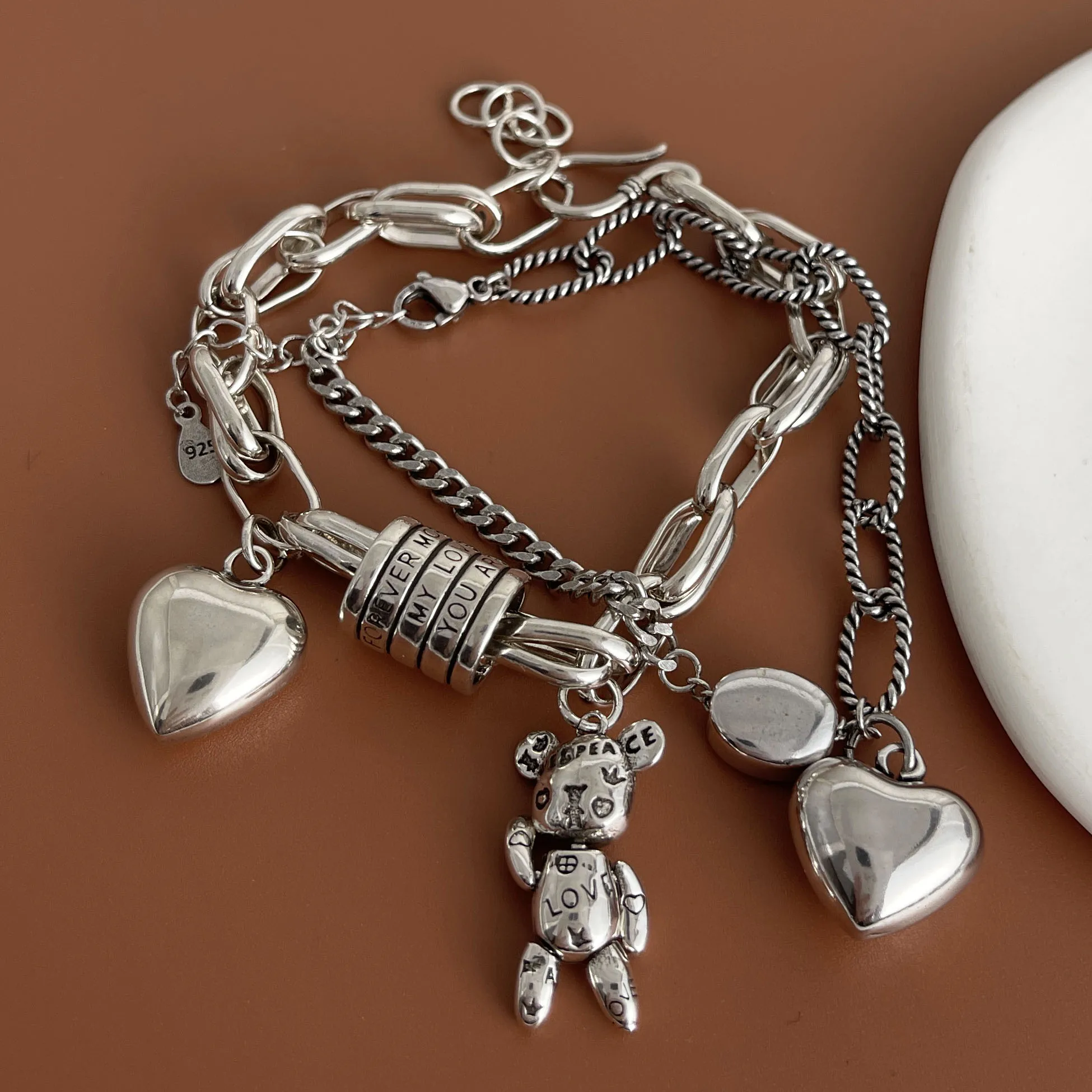 Gelang Retro Perak Murni 925 Solid 100% untuk Wanita Pria Gelang Hati Buatan Tangan Antik Hadiah Ulang Tahun