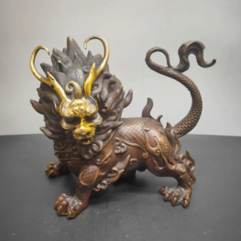 Vintage Gilt Bronze Qilin Statue - Chinese Feng Shui Guardian Beast for Home Protection & Wealth Attracting Decor Ornament