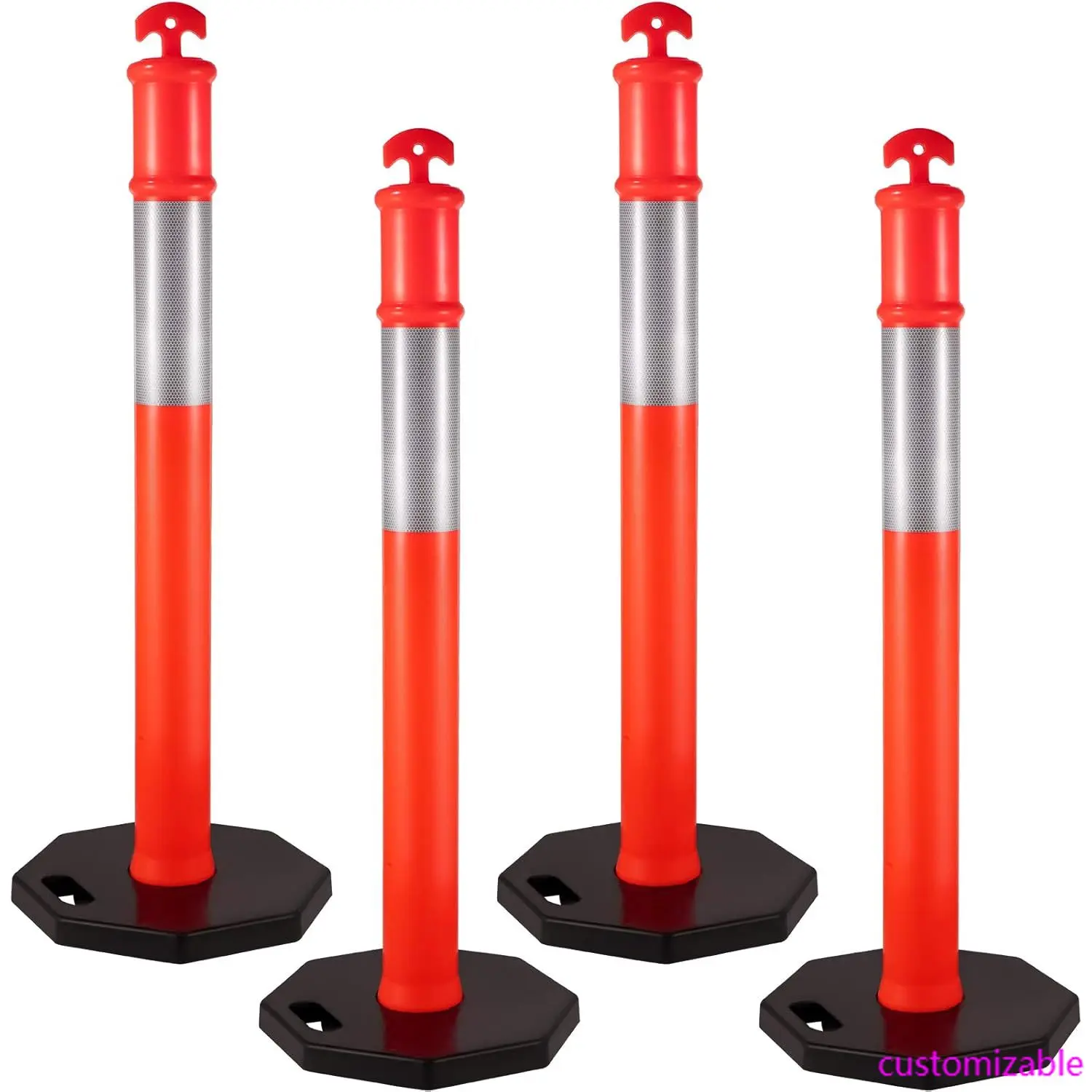 

4Pack Traffic Delineator Posts 44 Inch Height, PE Delineator Post Kit 10 inch Reflective Band, Orange Delineator Cones with