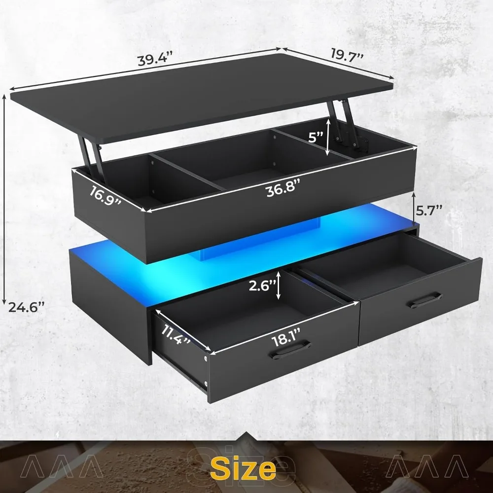 Lift Top Coffee Table, Coffee Tables with Storage for Living Room, Small Coffee Table with 2 Drawers & LED Light