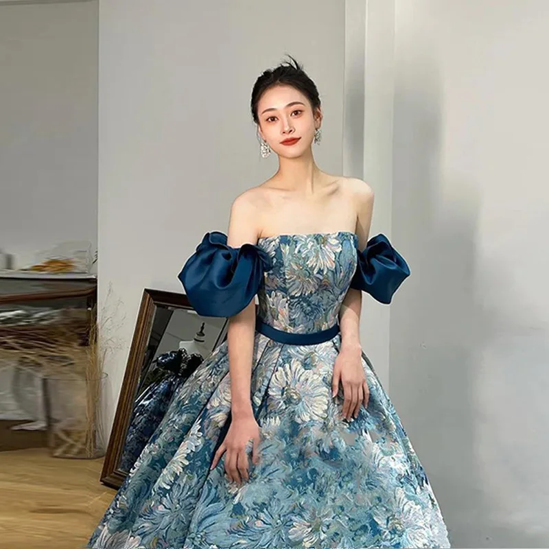 

Lady Blue Print Flower Qipao Formal Party Dress Celebrity Banquet Dress Sexy Off Shoulder Slash Neck Robe De Soiree Vestidos