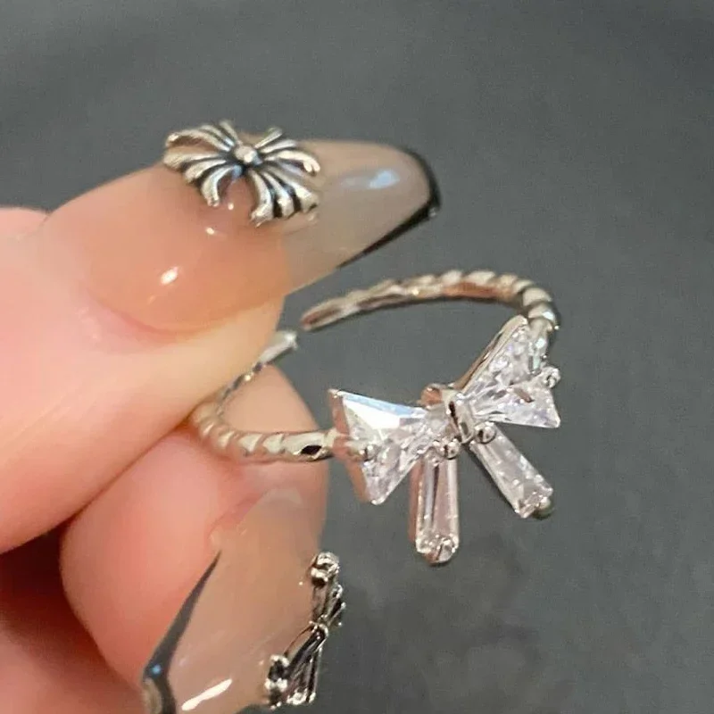 Trendy Arrived Romantic Lovely White Bowknot Rings Girls Exquisite Jewelry Ring with Shiny Bow Tie Zircon for Party Dating Gifts