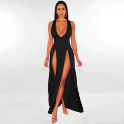 Sexy Woman Club Dress Backless Sleeveless Deep V-Neck High Waist Slit Maxi Dress Birthday Midnight Party Elegant Women Dress