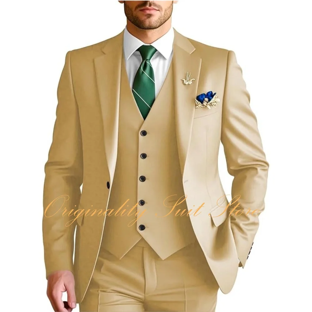 

Formal Men's Suit High Quality Tuxedo Slim Fit Jacket Vest Pants Men Solid Color Business Suit Groom's Wedding Suits