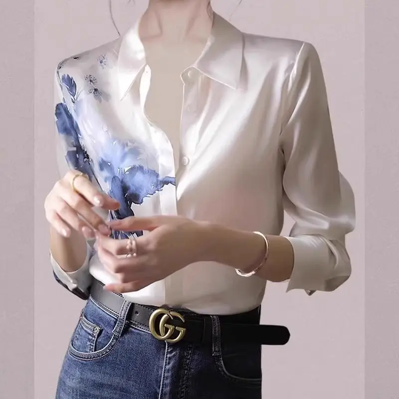 Vintage Chiffon Loose Shirt Tops Spring New Polo Neck Printing White All-match Office Blouse Elegant Temperament Women Clothing