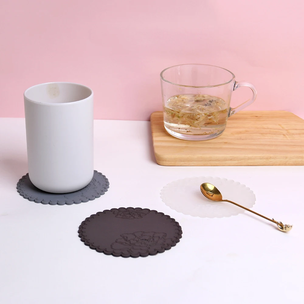 Cup Coasters Silicone Cup Pad Slip Insulation Pad Cup Mat Hot Drinks Holder Mug Stand Home Rose Lace Cup Mat Kitchen Accessories