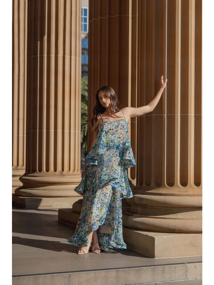 2026 Summer Fashion New Women's Elegant Design Printed Long Skirt Strap Beach Vacation Folded Multi Layer Cake Skirt