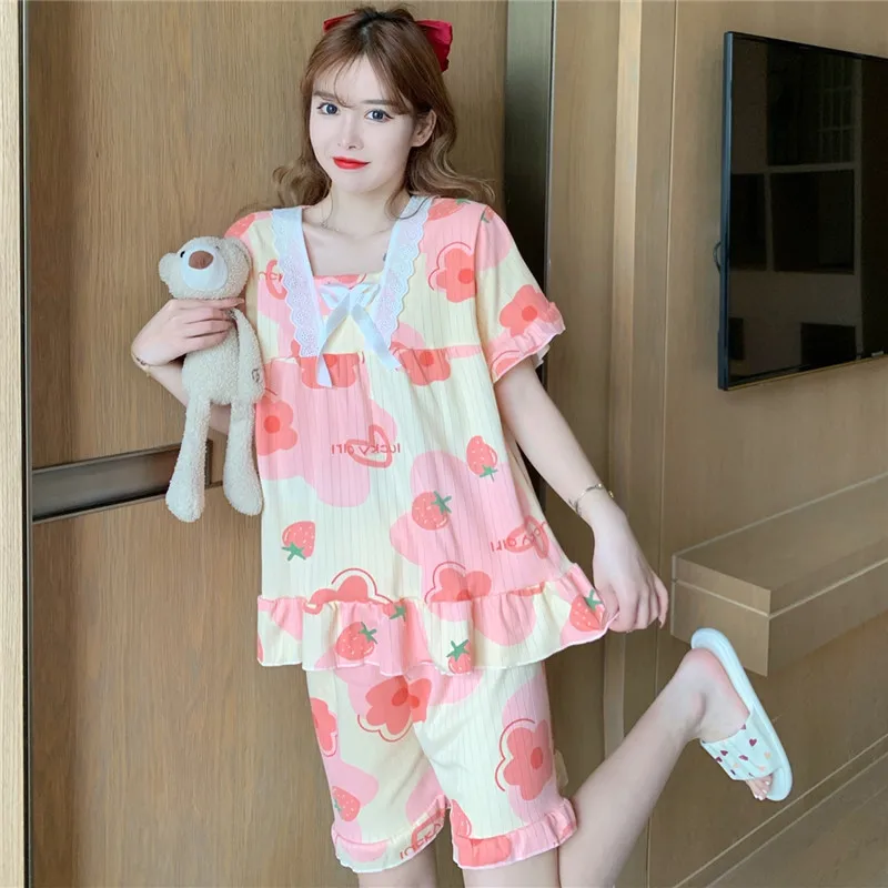 New Ladies Pajamas Women Summer Short-Sleeved Pyjamas Students Thin Section Lace Leisure Can Be Worn Outside the Home Clothing