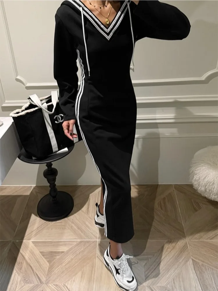 Rétro Patchwork couleur sang dentelle Dstring à capuche tricoté Dr femmes minceur longue Dr printemps automne nouveau Sle