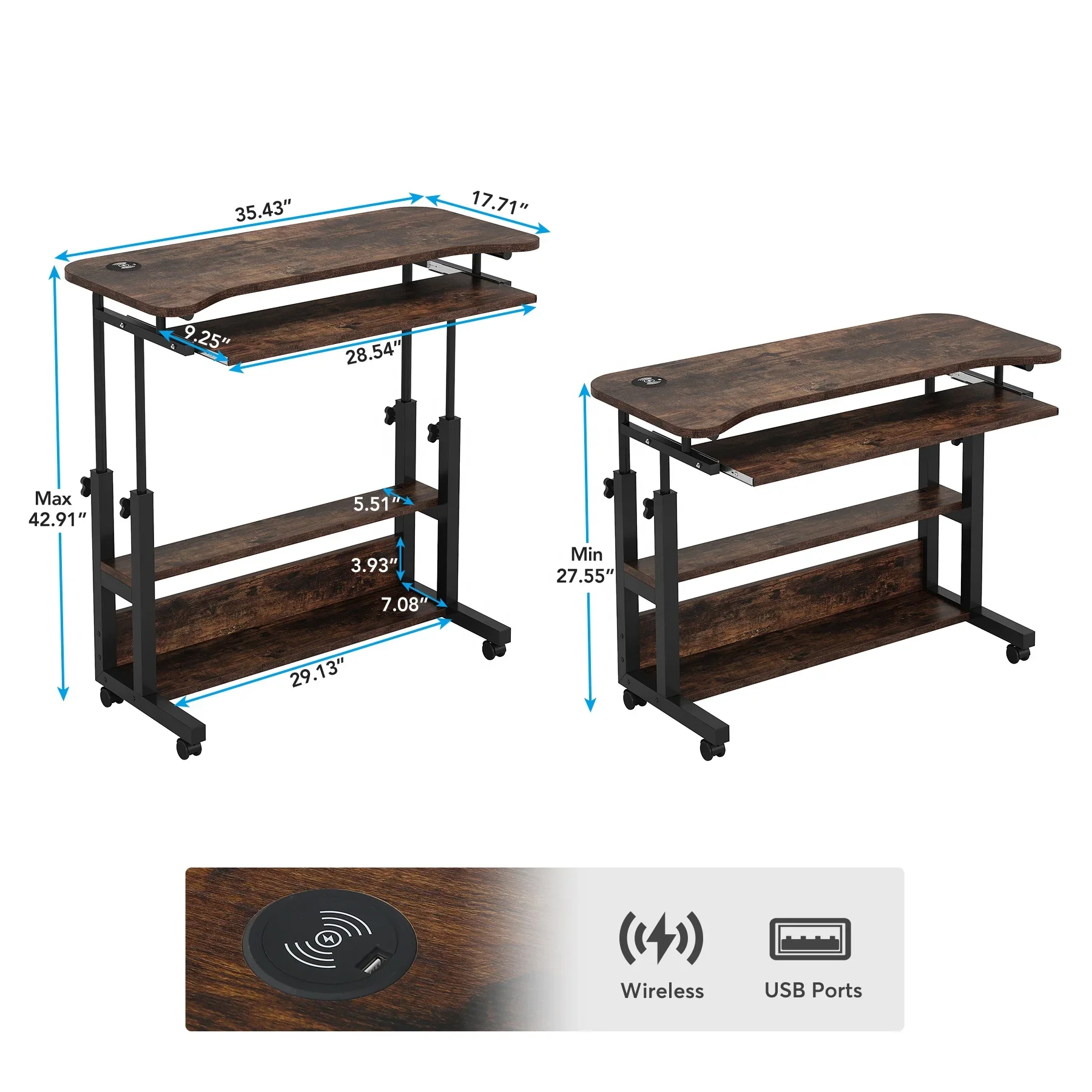 

Brown Height Adjustable Mobile Laptop Portable Standing Desk Rolling Table Cart For Couch Office