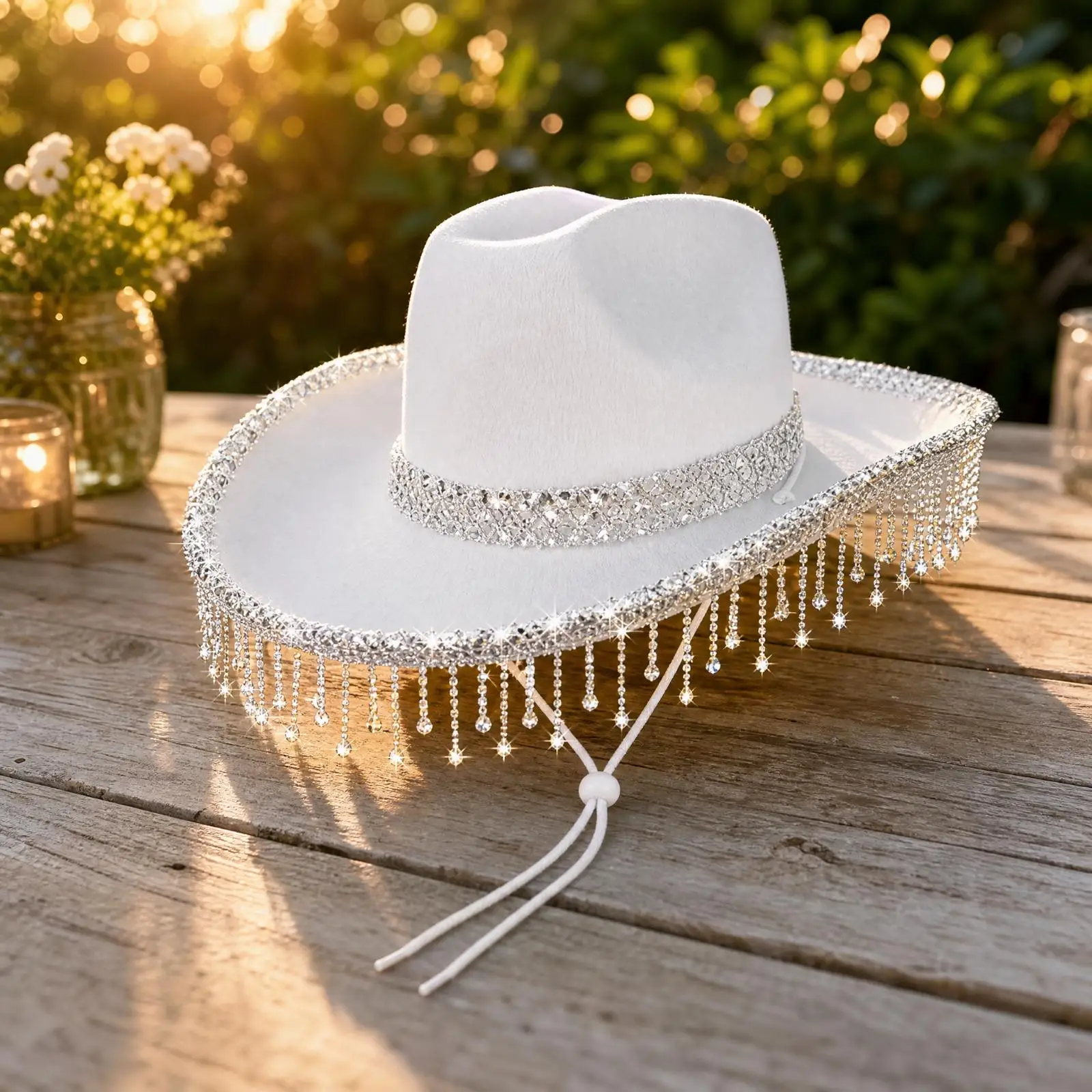 Glamorous Rhinestone Trimmed Cowboy Hat with Secure Fit Strap for Themed Performance and Party