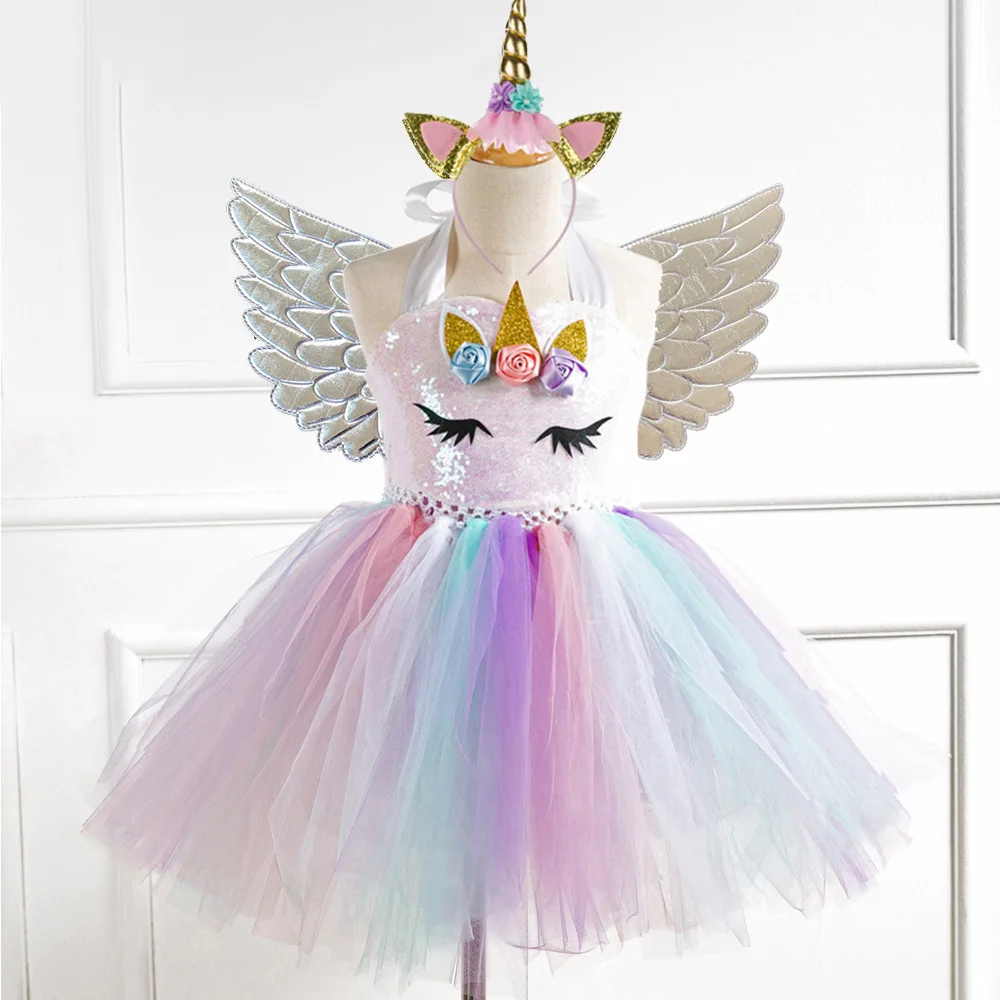 Pailletten-Einhorn-Kleid für Mädchen, 2–12 Jahre, Geburtstagsparty-Outfits, Regenbogen-Prinzessin, Tutu-Kostüme, Kleid für Halloween, Weihnachten