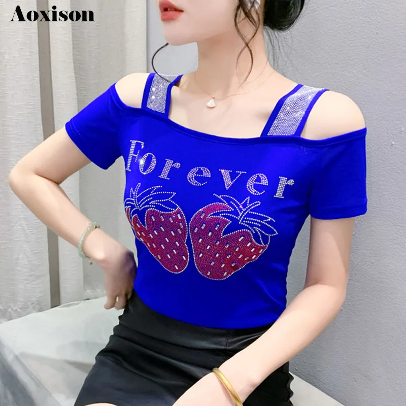 

Aoxison модная женская футболка в корейском стиле с клубничными бриллиантами топы с открытыми плечами женские универсальные футболки с двойной сеткой